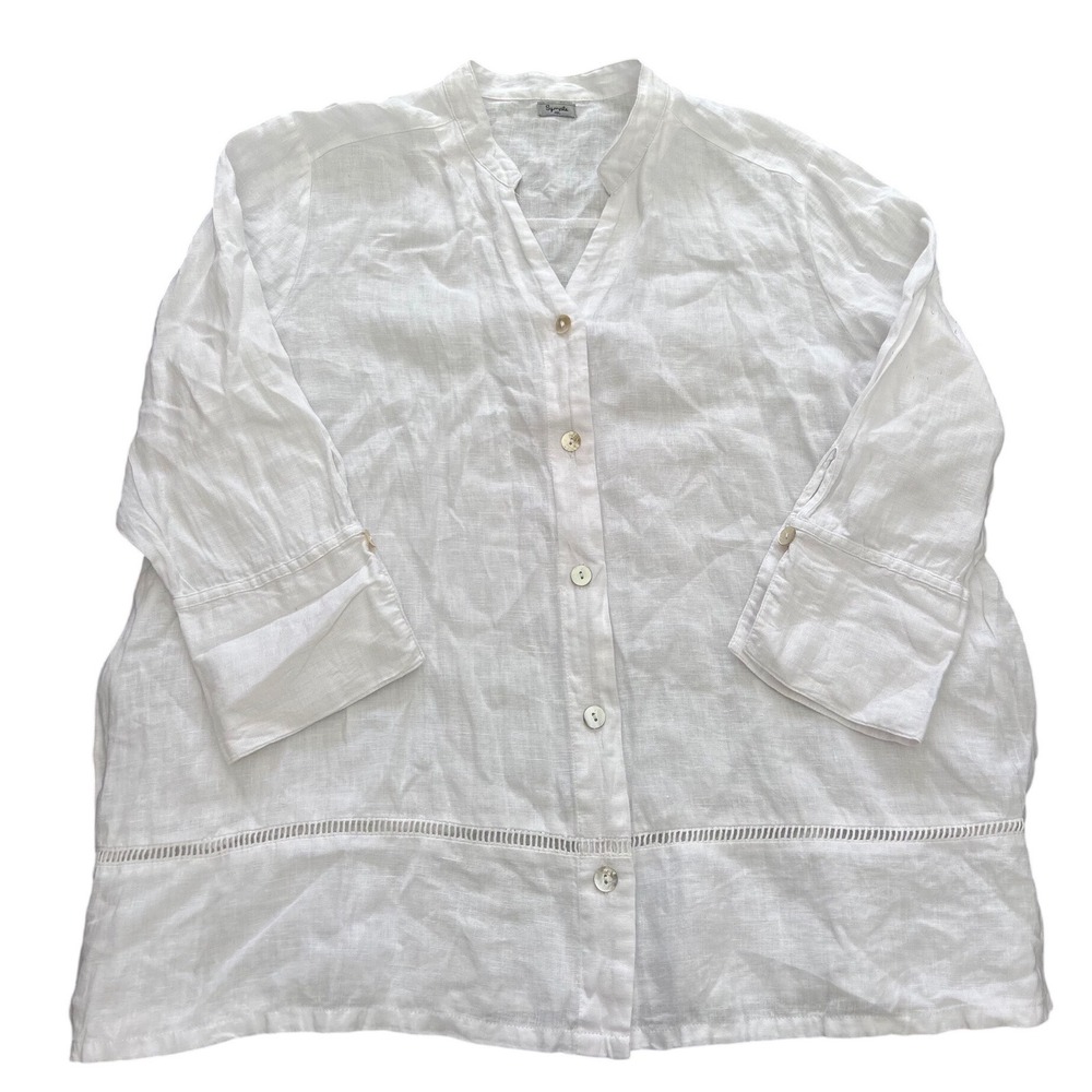 Symple NYC White 100% Linen Button Down Tunic Blouse Hemstitch Detail XL